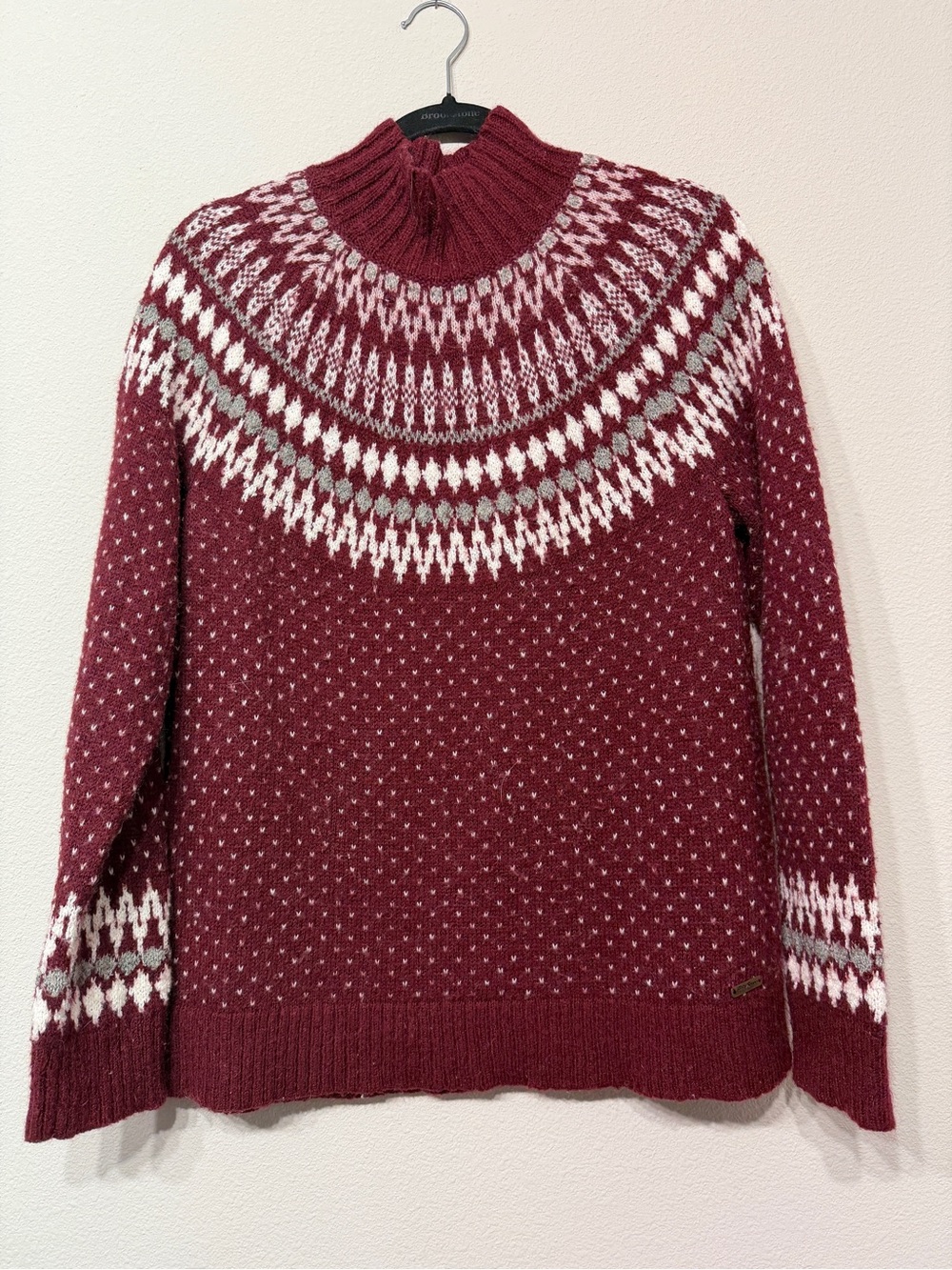 Eddie Bauer Womens Fair Isle Nordic Mock Neck Sweater Red Wool Mohair Blend M